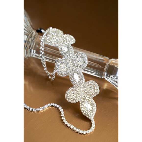 1920s Flapper Headband Silver Crystal Rhinestones Pearl Roaring 20s Gatsby - Picture 3 of 7